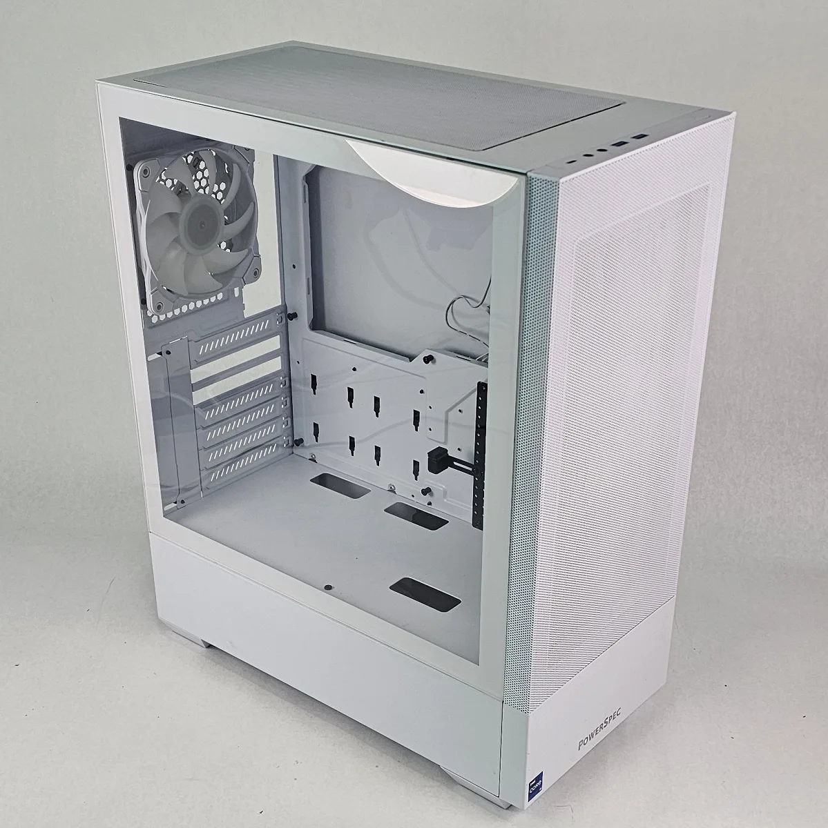 White PowerSpec PC Case with Tempered Glass w/ 3 Fans
