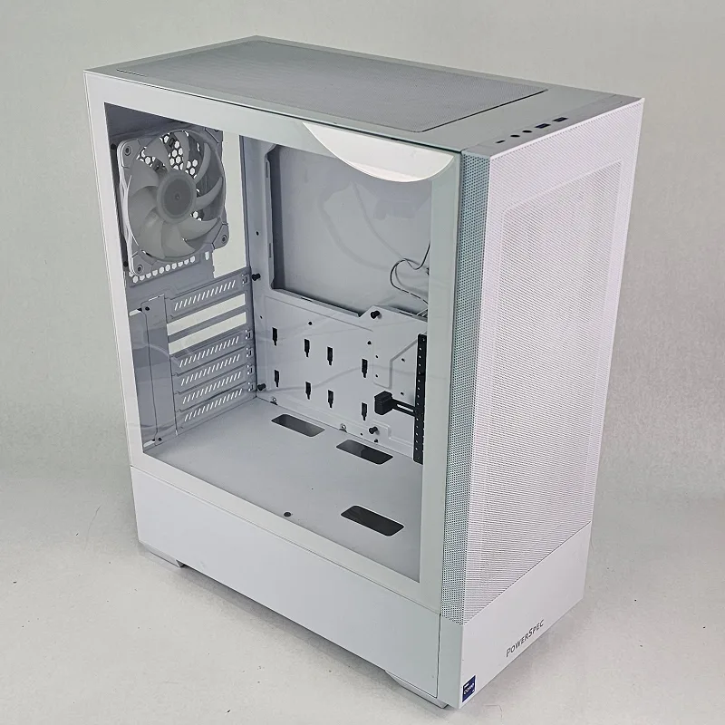 White PowerSpec PC Case with Tempered Glass w/ 3 Fans